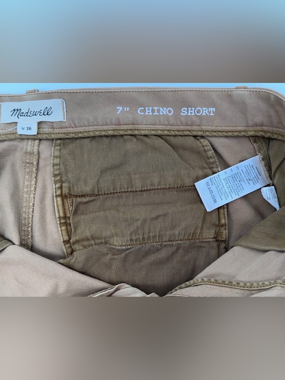Madewell 7” Chino Shorts Men’s 36 Khaki Camel Stretch Flat Front - Picture 4 of 7